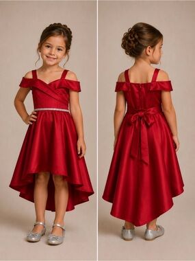 Joy Kids Girls' Red Satin High-Low Dress Rhinestone waistband with Bow